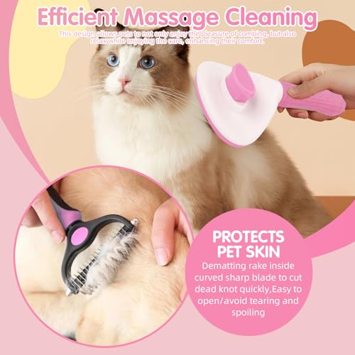 Aglads 12PCS Cat Rabbit Bunny Dog Grooming Kit,Self-Cleaning Slicker Brush&Deshedding Tool,Dematting Comb,Nail Clipper&File,Electrostatic Hair Removal Gloves,Complete Pet Grooming Supplies(12, pink) - color: Pink