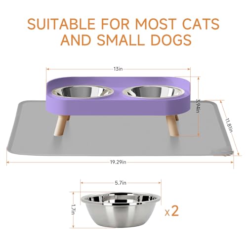 Elevated Cat Bowl with Food Mat, Raised Cat Food and Water Bowl Set for Indoor Cats, Splash Proof with 2 Stainless Steel Pet Food Bowls for Cat and Puppies,Whisker Fatigue and Dishwasher Safe (Purple) - color: Cat Bowls with mat - purple