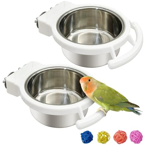 Stainless Steel Bird Bowls for Cage 2 Pcs Parrot Feeding Dish Metal Food and Water Cups Detachable Birds Cage Feeder Hanging Finch Food Plates with Perch for Parakeet Budgie Lovebird (White) - color: White