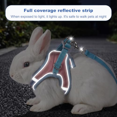 Bunny Harness and Leash Set Double Buckle | Soft Rabbit Harnesses with Carrot | Adjustable Reflective Strips Jacket Escape-Proof Vest for Puppy Guinea Pigs Pet Ferret Walking(Blue-Pink-M) - color: Blue-pink, size: M
