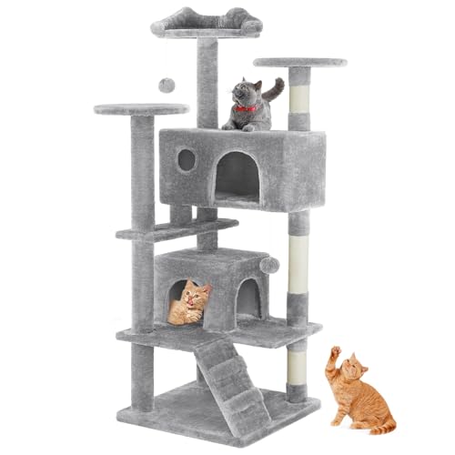 Sweetcrispy 54-Inch Cat Tree Tower – Multi-Level with Sisal Scratching Post, Perfect Pet Gift, Indoor Condo with Climbing Ladder, Plush Toy, and More Animal Stuff, Light Grey | Multi-Level with Indoor Cat Condo with Climbing Ladder, Plush Toy, Play House