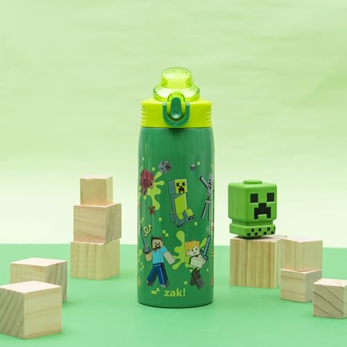 Zak Designs Minecraft Steve Sage 19oz Leak-Proof Straw Kids Water Bottle | BPA Free, Insulated Stainless Steel, Cupholder Friendly, Dishwasher Safe, Lid Lock, Handle, For School, Home, Travel, Outdoor - color: Minecraft (Steve, Alex, Mobs)