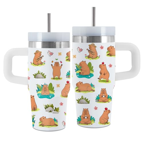 Capybara 14 oz Water Bottle, with Handle Straw, Insulated Cup | 14oz Capybara Stainless Steel Sports Tumbler, Reusable Leak proof Vacuum Mug, Christmas Birthday Animal Gift for Daughter Son - color: Capybara-White