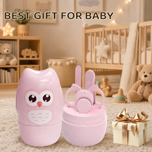 Baby Nail Kit with Owl Case, 4-Piece Infant Manicure Set, Pink | Infant Nail Clippers, Rounded Safety Scissors, Gentle File, Tweezers, Newborn and Toddler Friendly - color: Pink