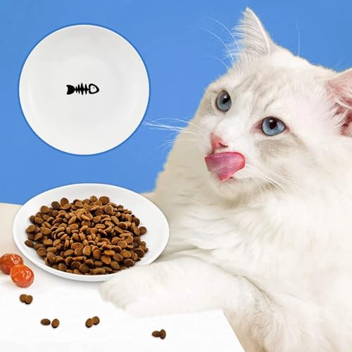 10 Ceramic Cat Feeding Bowls, 6 Inch Wide Shallow Plates for Dry/Wet Food | Reduces whisker contact; lead-free; holds water too; dishwasher safe; stable heavy design; for cats & small dogs - color: White