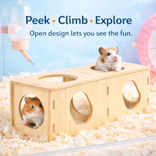 Wooden Hamster Tunnel with Multiple Holes – Natural Hideout Tube, DIY Assembly, Playground for Dwarf, Small Syrian Hamsters & Gerbils (9.5" x 3.5" x 3.5")