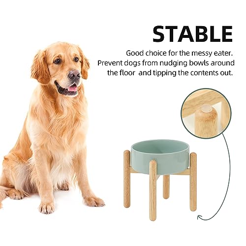 Havniva Elevated Dog Bowls Ceramic Dog Bowls with Stand, Dog Food Bowl | 8.3” Raised Dog Bowls with Non-Slip Wood Stand, Dog Food and Water Bowl Set, Dog Feeding Bowls for Large Dogs - color: Bowl+Stand - Light Green, size: 8.3inch