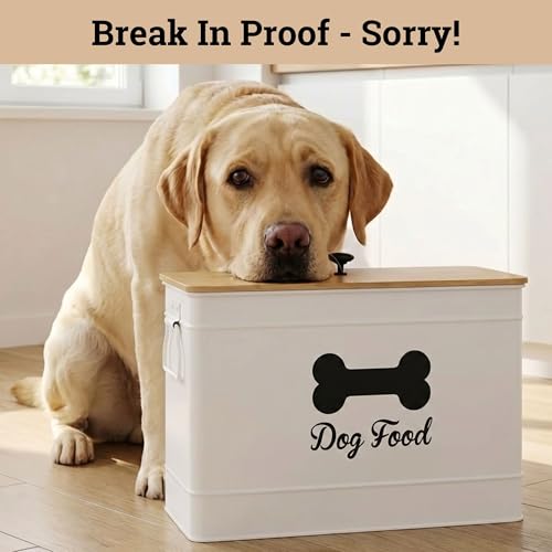 Metal Dog Food Container 15-20 lbs w/ Airtight Bamboo Lid, 70 Cup Capacity | Pet Jar For Dogs up to 100lbs, Airtight Bamboo Lid, Sturdy Comfortable Metal Handle, Powder Coated Iron, Kibble Storage Bin - color: White