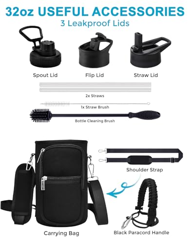 Travel Water Bottle with Carrying Bag, 3 Lids (Spout, Straw, Flip), and Bottle Brush; Leak Proof, Quality, Vacuum Insulated, Stainless Steel (Cascade Shadow, 32 oz) - color: Cascade Shadow, size: 32 Ounces