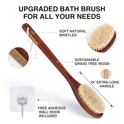 Wooden Bath Brush with Gentle Bristles Long Handle for Shower Back Scrubber Body Exfoliator (Gental Boar Bristle) - color: Gental Boar Bristle