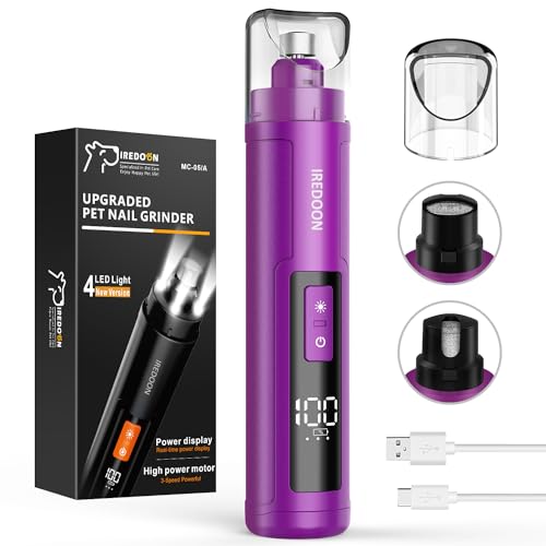 Dog Nail Grinder with 4 LED Lights, 3 Speeds Super Quiet for Pets | Low Vibration,Electric Pet Nail Grinder, Professional Painless Paw Grooming & Smoothing for Small to Large Dogs Cats(Purple) - color: Purple