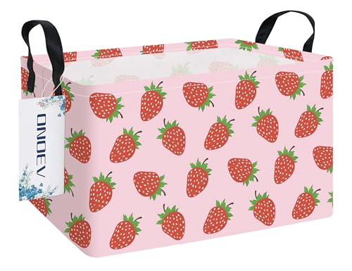 Rectangular Fabric Storage Bin, Foldable Strawberry print Basket | Damp-proof canvas with reinforced stitched handles.Great for clothes,books and sundries in closets,playrooms,laundry rooms. - color: REC Strawberry