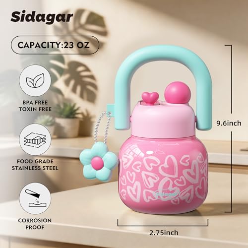 22 oz Tote Insulated Water Bottle with Handle, Leakproof, Heart | Cute design with durable 316L stainless steel, dual sip, keeps drinks hot or cold longer, travel and everyday hydration - color: Heart