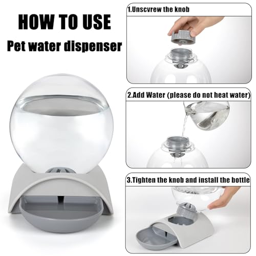 Pet Water Dispenser, 2.8L Automatic Gravity Cat Water Dispenser for Cats, Dogs & Rabbit, Detachable Cat Dog Water Dish Feeder with Spherical Waterer Bubble, Grey