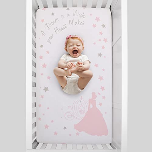 Disney Princess Enchanting Dreams White and Pink Cinderella A Dream is a Wish Your Heart Makes 100% Cotton Photo Op Nursery Fitted Crib Sheet - color: Princess Enchanting Dreams