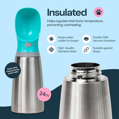 MalsiPree Insulated Dog Water Bottle - 24 oz Blue, Stainless Steel | 24oz insulated steel bottle & bowl - leak-proof - Use for dog travel, hiking, park & beach days - color: Blue, size: 24oz - Insulated