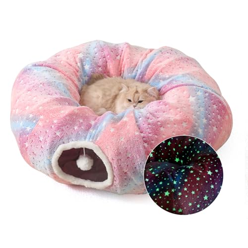 Under Christmas Tree Large Cat Tunnels Bed Tube for Indoor Cats Glows in The Dark Cat Tunnel with Cushion and Plush Ball Toy Longer Playground Toys for Dog Puppy Kitten Rabbit Pet Rainbow - color: Rainbow Bed