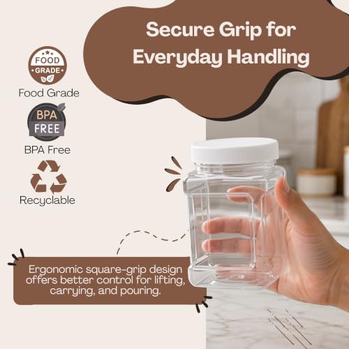 Pride Of India Clear Food Grade PET Plastic Square Grip Storage Jar w/Cap | 32 Fluid Ounces (3-4 Cup Storage Capacity) | BPA Free USA Made - size: Medium Square Grip Jar & Cap