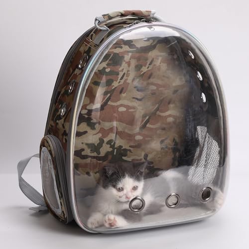 Expandable Cat Carrier Backpack with Bubble Window, Camo | Breathable mesh, anti-collapse frame, side door, safety leash and escape-resistant zippers for vet visits and outdoor travel. - color: Camo