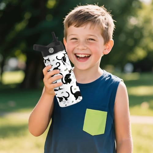 Girls Water Bottle, 16oz Black Cat Insulated Water Bottle with Straw (1pc) | BPA-Free, Leak Proof, Stainless Steel, with Handle, Kids Water Bottle for School, Boys, Travel, Cats Lovers Gifts Cup - color: Cow Cat, size: 16 Ounces