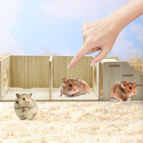 2-Chamber Hamster Tunnel & Wooden Climbing Ladder Bridge，Wooden Hamster Hideout with Ladder for Dwarf Syrian Hamsters Gerbils Mice or Other Small Pets