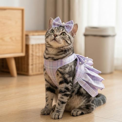 Cute Plaid Dog Dress Clothes for Small Dogs Cats Girl Purple Plaid Dog Dress with Pearls Bow Tie Harness Leash for Spring Summer Birthday Puppy Bunny Rabbit Yorkies Chihuahua Outfits - size: S