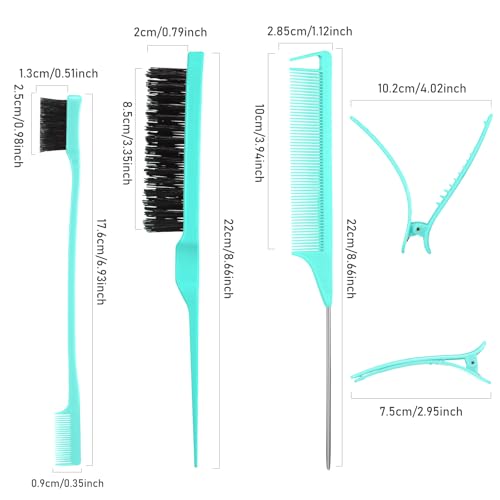 Remerry 12 Pieces Hair Brush Set, Nylon Teasing Hair Brushes 3 Row Salon Teasing Brush, Double Sided Edge Smooth Comb Grooming, Rat Tail Combs with Duckbill Clips for Women(Mint Green) - color: Mint Green