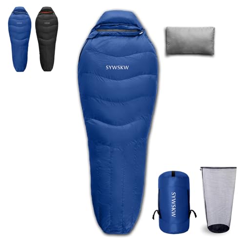 Down Sleeping Bag with Pillow for Backpacking,15℉ 5℉ 0℉ Wide Down Sleeping Bag (86.6 in x 33.5 in) for Adults,Youth Camping and Hiking Outdoor with 680FP Duck Down - color: Blue (1200g filling down)