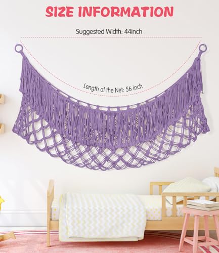 Extra Large Stuffed Animal Net Hammock - [56'' Long/Handwoven Macrame/Lavender] Hammock Storage for Flat Wall, Hardware Included