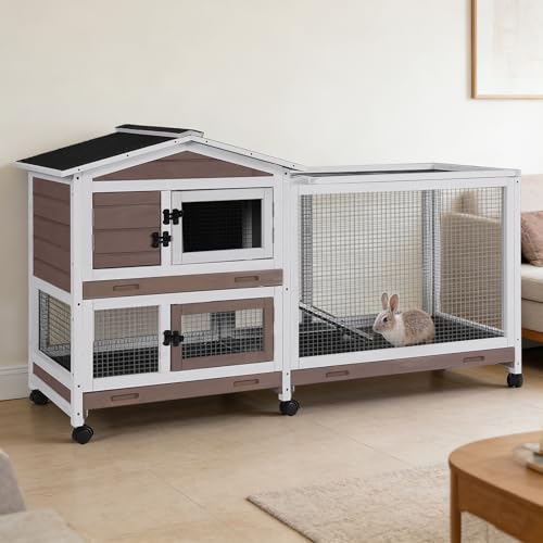 Rabbit Hutch Indoor, 62’’ Bunny Hutch Outdoor, Mobile Rabbit House with Wheels, Wooden Bunny Cage with Leakproof Tray, Chew-Proof Ramp for Guinea Pig(Brown) - color: Brown