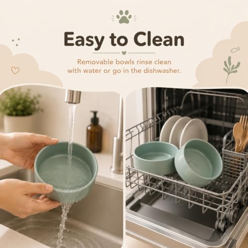 Havniva Raised Cat Bowl 5.1” Elevated Ceramic Cat Food and Water Bowl Set | Cat Bowls Elevated, Whisker Friendly Cat Bowl, Non-Slip Wood Stand, Food-Grade Ceramic, Wide Opening, Dishwasher Safe - color: Light Green, size: 5.1inch - 2 Bowls+Stand