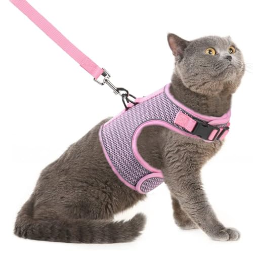 PUPTECK Soft Mesh Cat Vest Harness and Leash Set Puppy Padded Pet Harnesses Escape Proof for Cats Small Dogs Rabbits Bunny - color: Light Pink(Reflective), size: L(NECK 8.5"-10.5", CHEST 12.5"-15", 6-10 lbs)