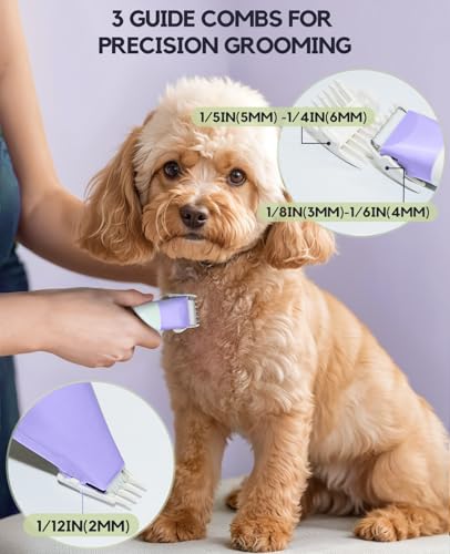 Dog Clippers Grooming Kit, 4 in 1 Quiet Cordless Dog Paw Trimmer & Nail Grinder, Small Cat Clippers Electric Rechargeable Low Noise Pet Shaver for Trimming Hair on Paw Eye Ear Face (Purple) | Quiet Cordless Dog Hair Trimmer for Paw Nail Grinder, Cat Groom