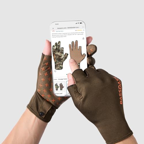 BASSDASH Unisex Fingerless Fleece Liner Camo Hunting Gloves for Cold Weather UPF 50+ Lightweight Fishing Photography HG06 - color: Brown, size: Medium