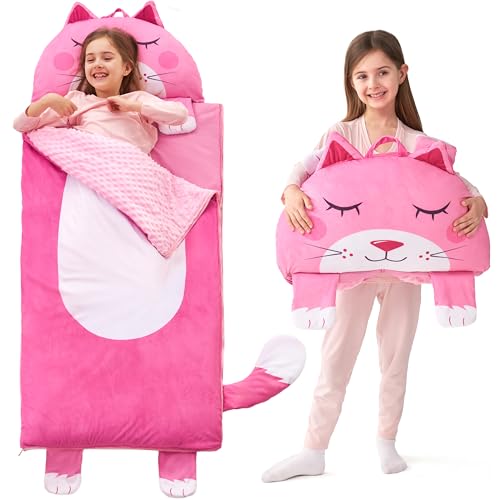 JOIEDOMI Kids Sleeping Bag 4 5 6 Year Old Girl Gifts Toddler Nap Mat with Pillow & Blanket 60" x 27" for Kids Ages 3+ Soft Plush Sleeping Mat for Preschool and Boys Girls - color: Pink Cat