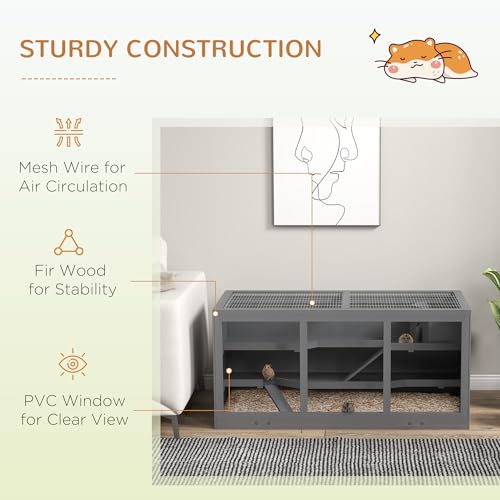 PawHut 45" Extra Large Wooden Hamster Cage 3-Layer Opening Roof Gray | Rat Cage, PVC Window, Small Animal Habitat, for Gerbil, for Dwarf & Syrian Hamsters - color: Gray