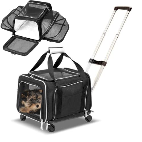 Airline Approved Expandable Premium Pet Carrier on Wheels- Two Sided Rolling Carrier- Designed for Dogs & Cats- Extra Spacious Soft Lined Carrier! (Black) (RL-PET-CARRIER-WHEELS) - color: BLACK
