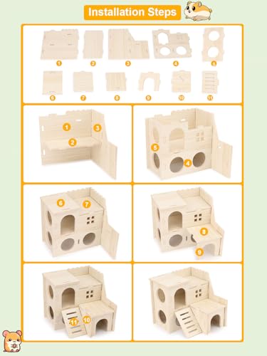 Wontee Dwarf Hamster Hideout Wooden House Maze Fun Slide Double-Decker Hut for Dwarf Hamsters Gerbils Mice or Similar Sized Pets