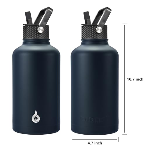 BJPKPK 64oz Insulated Water Bottle, Half Gallon Water Jug with Straw Lid | Large Stainless Steel Vacuum Jug, Keep Cold & Hot, BPA-Free Leak-Proof with 3 Lids, Paracord Handle, for Sports Hiking Travel - color: Navy Blue, size: 64 Ounces