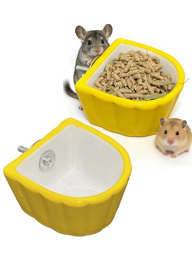 Chinchilla Food Bowl Ceramic Guinea Pig Cage Feeder Hanging Bunny Food Dish Small Animal Feeding Bowls for Syrian Hamster Ferret Gerbils (Yellow)
