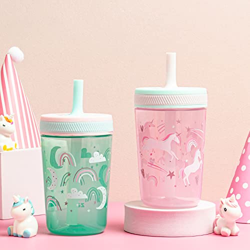 Zak Designs Kelso Toddler Cups For Travel or At Home, 15oz 2-Pack Durable Plastic Sippy Cups With Leak-Proof Design is Perfect For Kids (Fanciful Unicorn, Happy Skies) | BPA Free, Plastic, Sippy Cups, Cup Holder Friendly, Dishwasher Safe, Easy to Clean, F