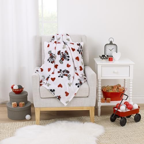 NoJo Disney Mickey Mouse & Minnie Mouse Red, Gray, and White Valentine Hearts Super Soft Plush Baby Blanket