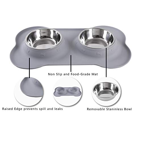 Hubulk Pet Dog Bowls 2 Stainless Steel Dog Bowl with No Spill Non-Skid Silicone Mat + Pet Food Scoop Water and Food Feeder Bowls for Feeding Small Medium Large Dogs Cats Puppies (Medium, Gray) - color: Gray, size: Medium