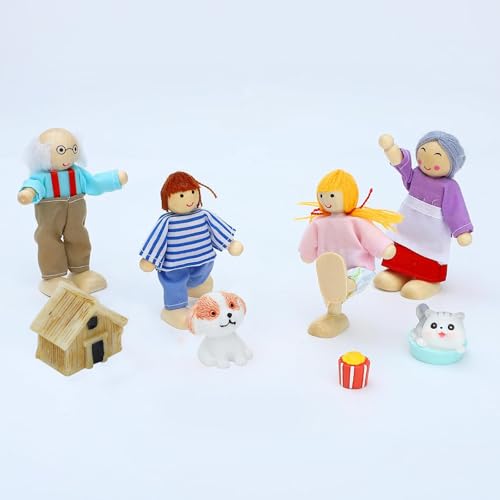 ONEST 18 Pieces Wooden Dollhouse Family Set Mini People Figures Dog Cat Sets Dollhouses Dolls Wooden Doll Family Pretend Play Figures Accessories for Pretend Dollhouse Toy - style: F Set