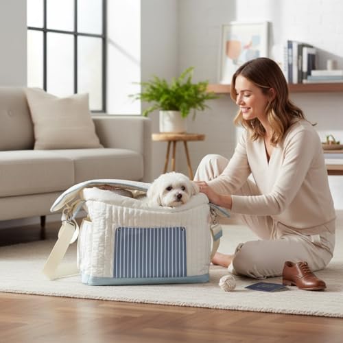 Tristan Home Luxury Quilted Pet Carrier Tote Bag, Waterproof, Adjustable Shoulder Strap, 42cm x 28cm x 20cm, Cream White - color: Cream White