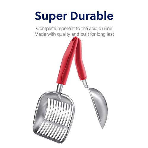 Cat Litter Scoop, Aluminum Alloy Sifter, Kitty Metal Scooper, Deep Shovel, Long Handle, Poop Sifting, Kitten Pooper Lifter, Durable, Heavy Duty, for Litter Box - color: FLAT Aluminum \ #08 Red Handle, size: Large