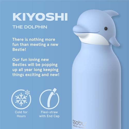 asobu Bestie Water Bottle, Cute Collectible Character, Leak Proof, BPA Free | 16 oz, Stays Cold 24 Hours, Double Wall Vacuum Insulation, Food Grade Stainless Steel, Spill Resistant, Great Gift Idea - color: KIYOSHI THE DOLPHIN