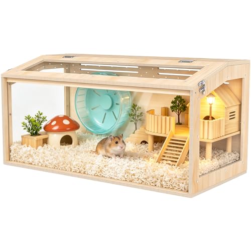 XiaZ Hamster Cage,32Inch Large Hamster Cage with Panoramic View and Ventilated Top, Spacious Acrylic Glass Habitat for Syrian Dwarf Hamsters and Degus, Natural Wood Frame Enclosure - size: 32.0"L x 16.0"W x 16.0"H