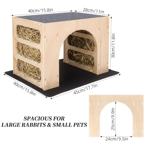 Wood Bunny House Hideout–15.7" Large Rabbit Hideout with Hay Feeders, Indoor Bunny House for Rabbits, Wooden Guinea Pig Hideout, Small Animal Habitat Decor with 2 Washable Pads