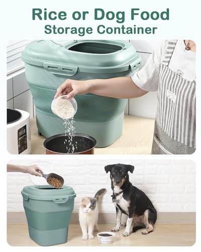 20-50 Lbs Food Storage Containers,Collapsible Rice Container with Wheel Airtight Locking Lid,Flour Storage Container with Small Food Jar and Scoop,Suitable for Food,Rice,Pet Food,Flour - color: Green/20-50LBS